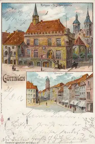 Göttingen, Rathaus u. St.Johanniskirche, Weenderstrasse, Litho gl1902 G2451