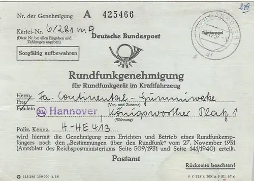 Hannover, Dt.Bundespost, Rundfunkgenehmigung 1957, Zeitgeschichte ngl G3045