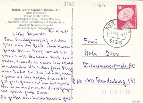 Wesendorf/Han., Hotel "Der Heidehof" Restaurant gl1981 G3188