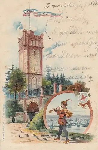 Hameln a.d.W, Gruß vom Klüt mit Rattenfänger, Litho gl1900 G3322
