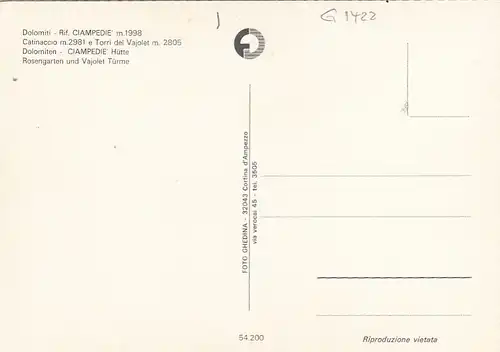Dolomiti, Rif.Ciampedie' Catinaccio e Torri del Vajolet ngl G1422