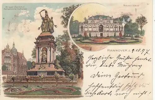 Hannover, Kriegerdenkmal Hohenzollernstrasse, Neues Haus, Litho gl1897 G2825