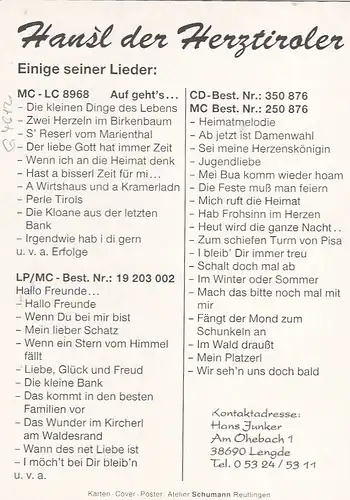 Hansl der Herztiroler, Portrait und Liedverzeichnis, Werbekarte ngl G4612