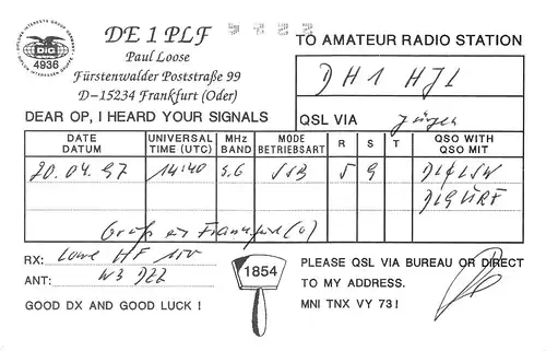 Frankfurt (Oder) Radio DE1PLF Paul Loose ngl 167.888