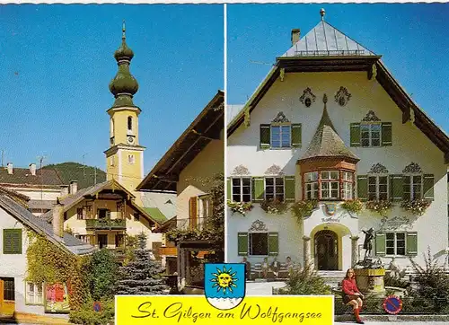 St.Gilgen am Wolfgangsee, Pfarrkirche u. Rathaus mit Mozartbrunnen ngl G4487