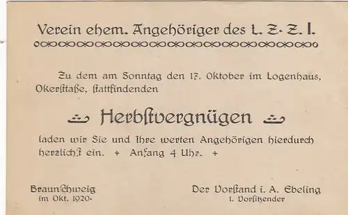 Braunschweig, Logen-Einladung zum Herbstvergnügen 1920 ngl G1897