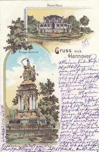 Hannover, Kriegerdenkmal, Neues Haus, Litho gl1899 G2837