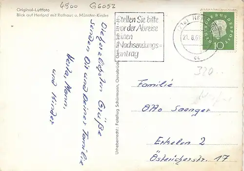 Herford, Westfalen, Luftbild mit Rathaus und Münster-Kirche gl1961 G6052