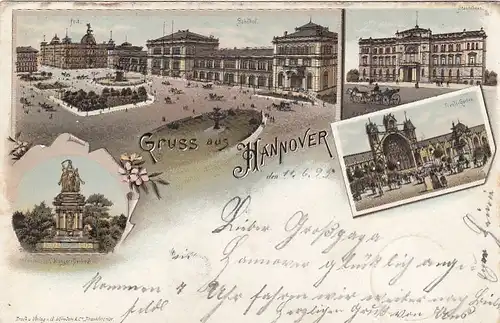 Hannover, Post, Bahnhof, Ständehaus, Kriegerdenkmal, Litho gl1896 G2793