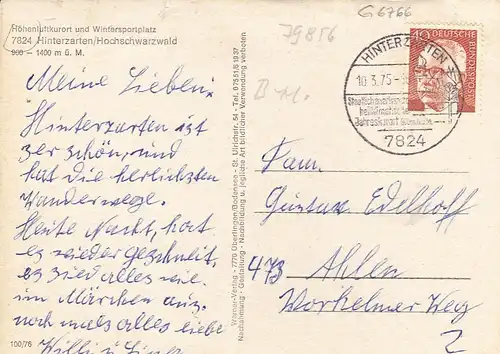 Hinterzarten Schwarzwald, Mehrbildkarte gl1975 G6766