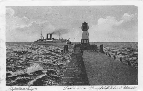 Saßnitz auf Rügen Leuchtturm mit Dampfschiff-Fähre ngl 169.706