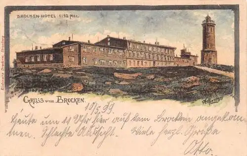 Brocken Harz Litho sign. Brocken-Hotel Karte vom Harz gl1899 174.164