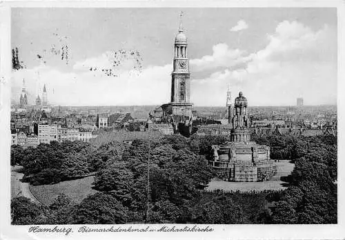 Hamburg Bismarckdenkmal und Michaeliskirche gl1937 174.742