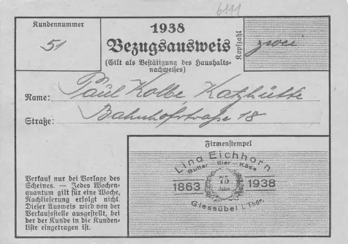 Giessübel Thür.Wald Bezugsausweis keine AK ngl 183.153