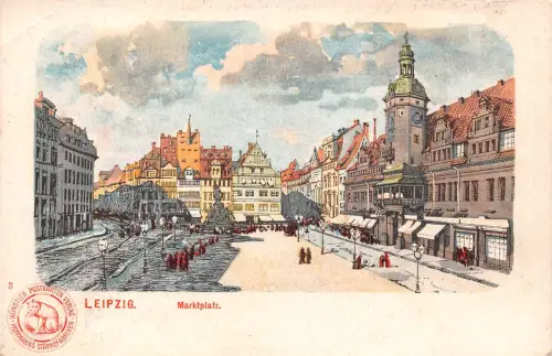 Leipzig Marktplatz Litho mit Werbezudruck gl1900 185.333