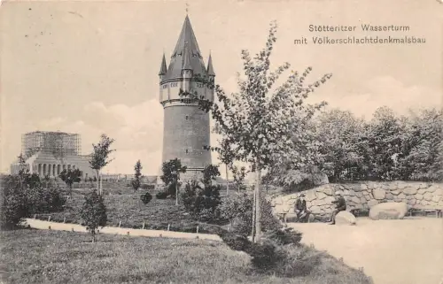 Leipzig Stötteritzer Wasserturm mit Völkerschlachtdenkmalsbau gl1908 185.542