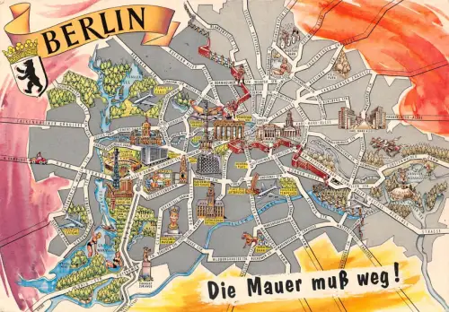 Berlin Berliner Mauer Stadtplan-AK gl1963 186.124