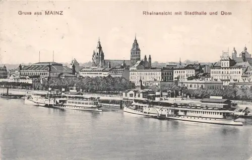 Mainz Rheinansicht m. Stadthalle und Dom gl1909 186.654