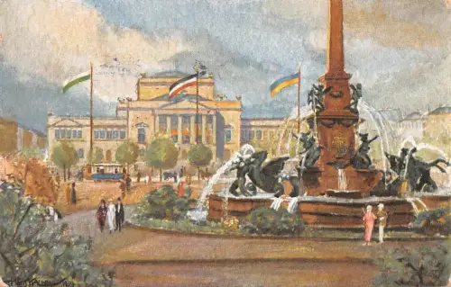 Leipzig Augustusplatz mit Mendebrunnen Künstlerkarte feldpgl1916 187.027