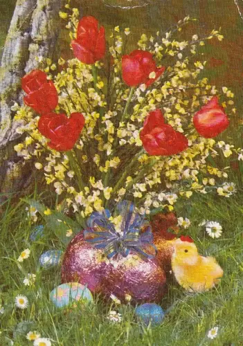 Ostern, Blumenstrauß mit Ostereiern und Küken gl1973 E3938