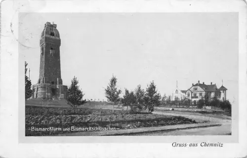 Chemnitz Bismarckturm und Schlößchen gl1908 192.500