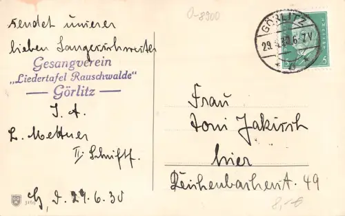 Görlitz Stempel Gesangsverein "Liedertafel Rauschwalde" Görlitz gl1930 192.961