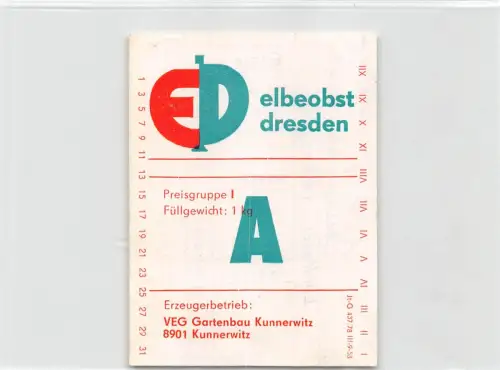 Kunnersdorf Obstetikett VEB Gartenbau ngl 193.037