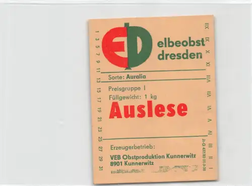 Kunnersdorf Obstetikett VEB Obstproduktion ngl 193.035
