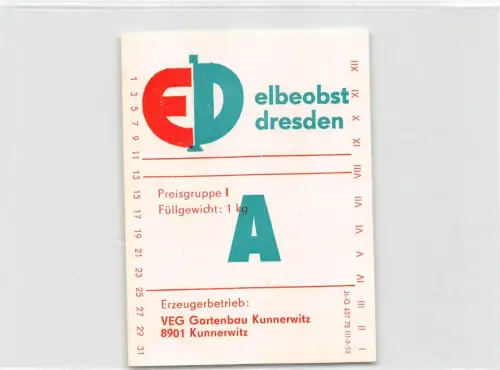 Kunnersdorf Obstetikett VEB Gartenbau ngl 193.036