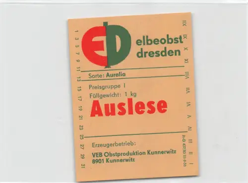 Kunnersdorf Obstetikett VEB Obstproduktion ngl 193.034