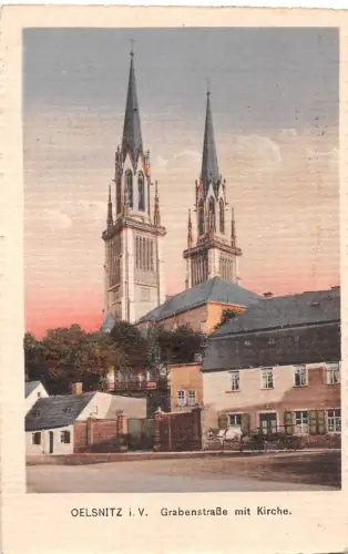 Oelsnitz (Vogtl.) Grabenstraße mit Kirche gl1926 193.159