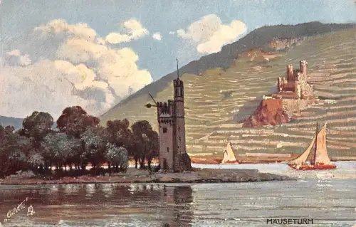 Bingen am Rhein Mäuseturm Ruine Ehrenfels Künstlerkarte ngl 195.401