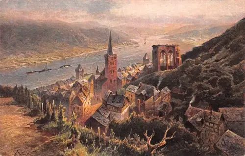 Bacharach am Rhein Panorama Künstlerkarte ngl 195.533