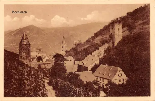 Bacharach am Rhein Panorama mit rückseitigen Zudruck ngl 195.537