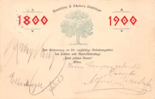 Reklame 100 Jahre Seiden- und Garn-Niederlage "Zum grünen Baum", Wien gl1900 196.573