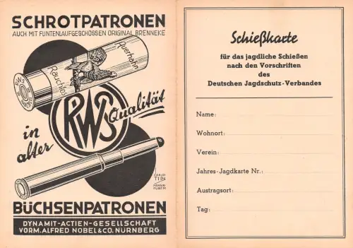 Reklame RWS Schrotpatronen Schießkarte, Nürnberg ngl 196.581