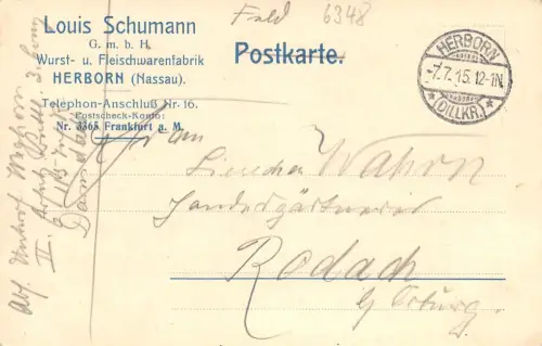 Herborn (Dillkreis) Postkarte Firma Louis Schuhmann gl7.7.15 196.675
