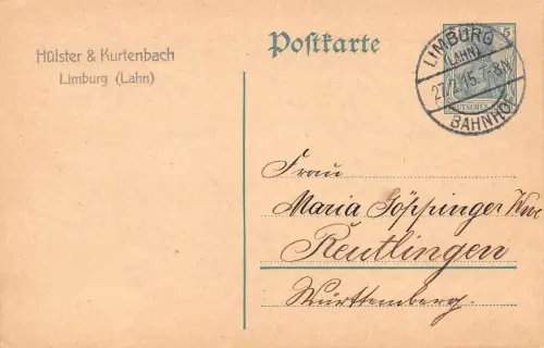 Limburg a. d. Lahn Postkarte Fa. Hülster & Kurtenbach gl1915 196.687