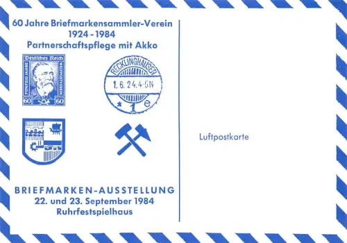Rechlinghausen Luftpostkarte Briefmarkenausstellung 1984 ngl 196.696