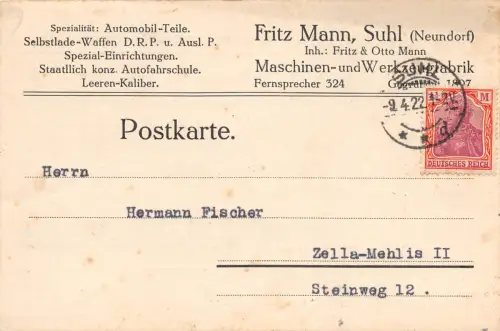Suhl i.Th. Postkarte Fritz Mann Maschinenfabrik gl1922 196.692