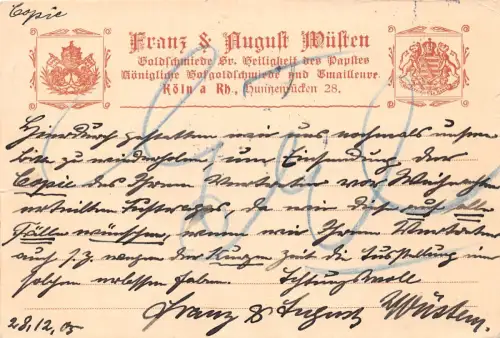 Köln Postkarte der Firma Wüsten Goldschmiede gl1905 196.657