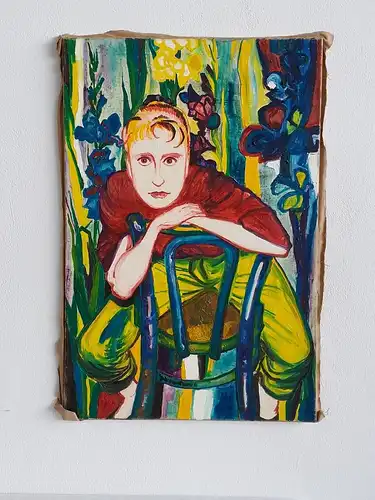 H603-Portrait-Öl auf Leinen-"Mädchen am Stuhl"-signiert-Johann Marsteurer-Bild-