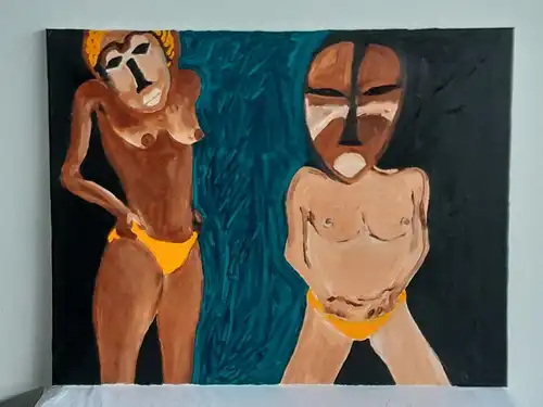 H605-Aktbild-Öl auf Leinen-Bild-"2 Frauen mit Maske"-Johann Marsteurer-Gemälde
