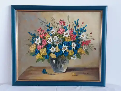 H628-Blumenbild-Öl auf Holz-Blumengemälde-Ölbild-Ölgemälde-signiert-gerahmt-