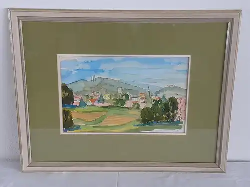 H635-Aquarell-Gemälde-Bild-Landschaftsbild-Feldbach mit Schlosskornberg-
