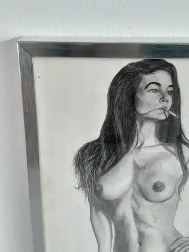 H641-Aktbild-Gemälde-Bleistiftzeichnung-Rauchende Frau-Bild-gerahmt-