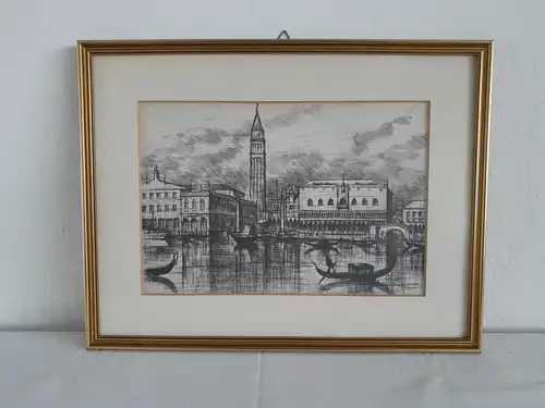 H649-Kohlezeichnung-Venedig-Bild-Gemälde-Passepartout-gerahmt-
