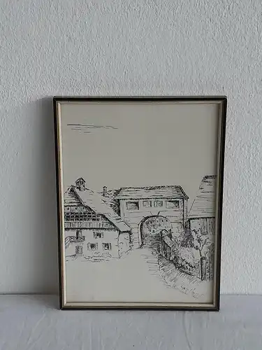 H519-Stadtbild-Gemälde-Bild-Tuschezeichnung-gerahmt-Zeichnung-
