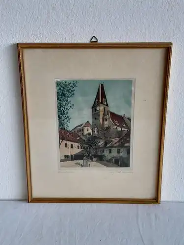 H543-Landschaftsbild-original-Farbradierung-Stadtbild-Gemälde-Bild-signiert-