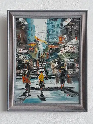 H518-Ölbild-Gemälde-Öl auf Leinen-Bild-Stadtbild-asiatisch-gerahmt-Ölgemälde-
